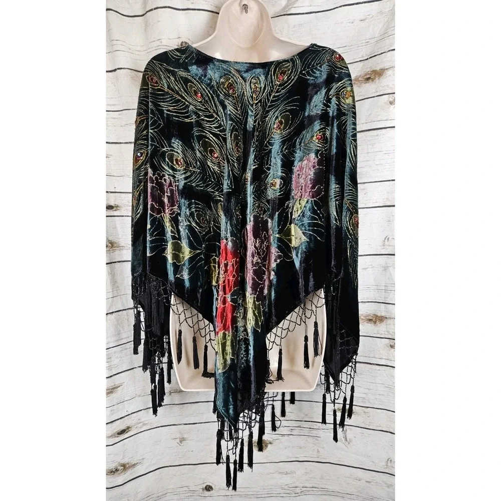 Coldwater Creek Velvet Beaded Fringe Poncho OS Peacock Feather Print Tassels